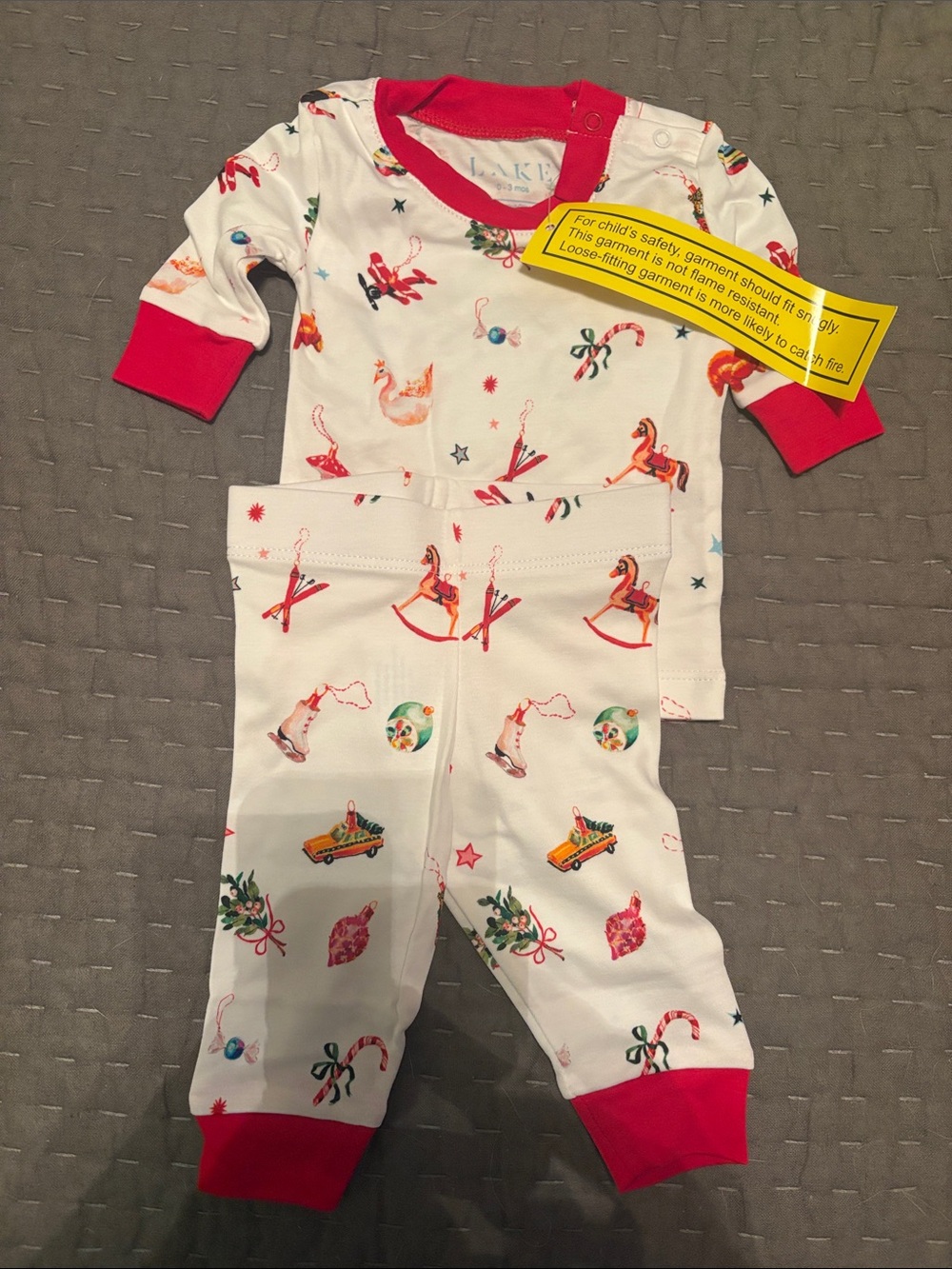 Kids Holiday Print Pajama Set - White with Red Trim